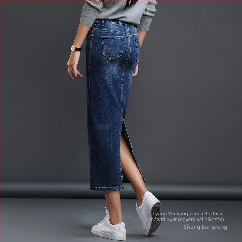 Női magas derekú denim szoknya, elasztikus szabású, koreai stílusú casual, hátsó hasítékkal, tavaszra és őszre