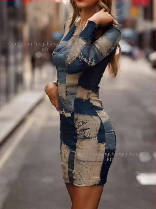 Patchwork poliészter ruha Butt-Wrap stílusban, kerek nyakú, hosszú ujjú,