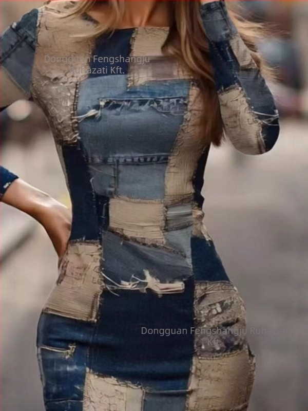 Patchwork poliészter ruha Butt-Wrap stílusban, kerek nyakú, hosszú ujjú,