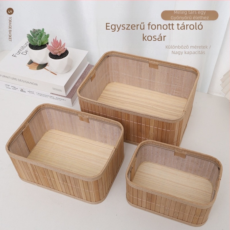 Huihua-448123 Bambuszfonott tárolókosár fedéllel, modern minimál stílus, többfunkciós tárolókosár