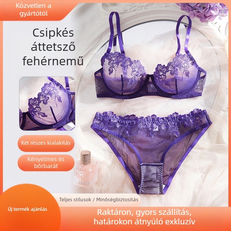 Francia stílusú két részes fehérnemű szett, áttetsző, hímzett csipkével, poliészterből