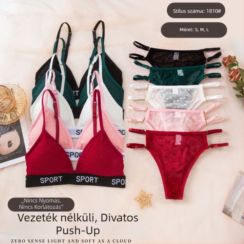 Csipkés, vezeték nélküli melltartó készlet háromszög kosarakkal, push-up és összegyűjtő hatás, szív alakú formájú alsónemű, pamut bélés