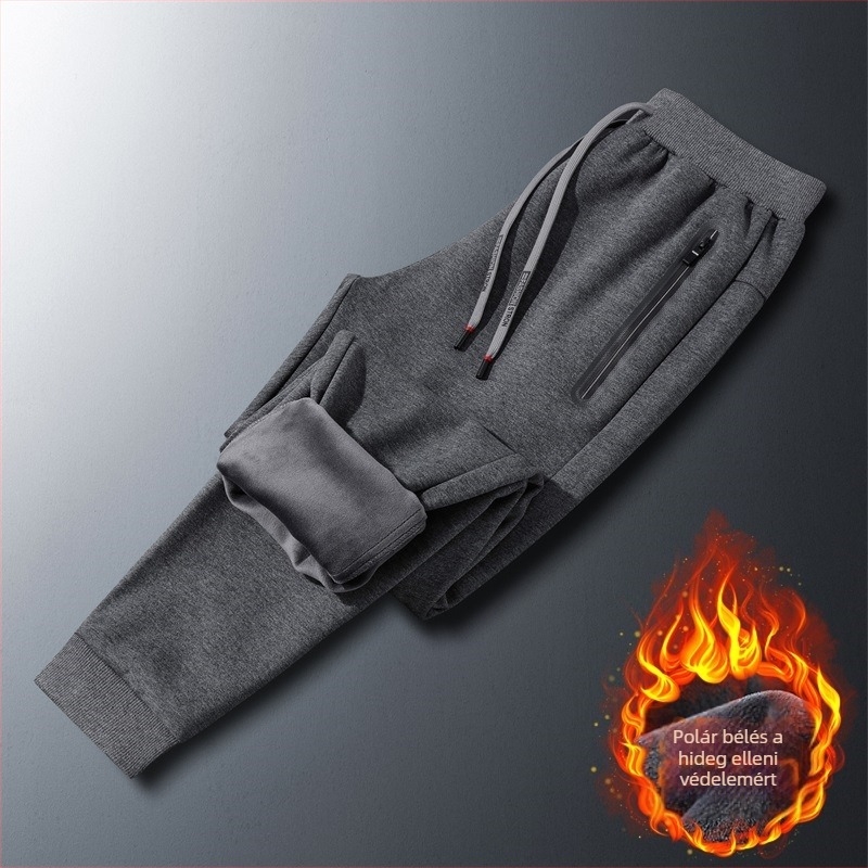 Férfi téli fleece-béléssel sportnadrág, laza szabás, középtalpas, öv és húzózsinór, egyszínű, 95% pamut