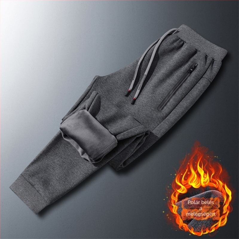 Férfi téli fleece-béléssel sportnadrág, laza szabás, középtalpas, öv és húzózsinór, egyszínű, 95% pamut