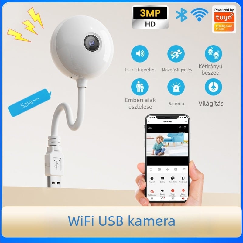 Okos babamonitor kamera Wi‑Fi-vel, 1080P HD, távoli megfigyelés, USB táplálás, intelligens operációs rendszer