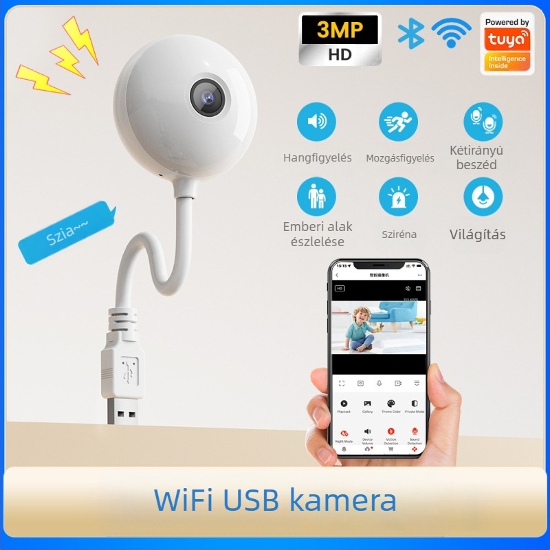Okos babamonitor kamera Wi‑Fi-vel, 1080P HD, távoli megfigyelés, USB táplálás, intelligens operációs rendszer