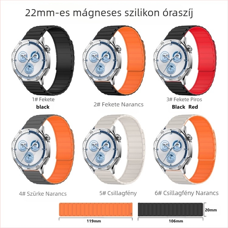22 mm-es szilikon mágneses óraszíj, kompatibil Huawei GT3/GT4/GT5 és Samsung Watch, háromgömbös dizájn