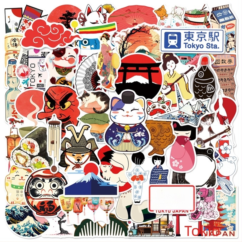 Japán stílusú minimalist matricakészlet, 50 lap, vízálló, ragasztóval, laptopra, utazótáskára és sisakra
