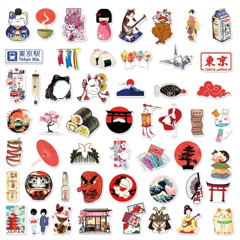 Japán stílusú minimalist matricakészlet, 50 lap, vízálló, ragasztóval, laptopra, utazótáskára és sisakra