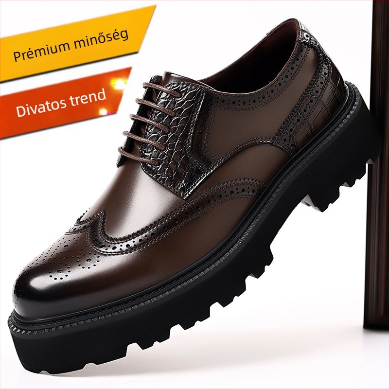 Férfi bőr Brogues cipő gravírozott mintával, hegyes orrú, EVA talp, elöl fűzés, középmagas sarok 3-5 cm