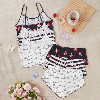 Női pántos pizsama készlet - 90-95% poliészter, lélegző, varrat nélküli, kényelmes, édes és aranyos stílus