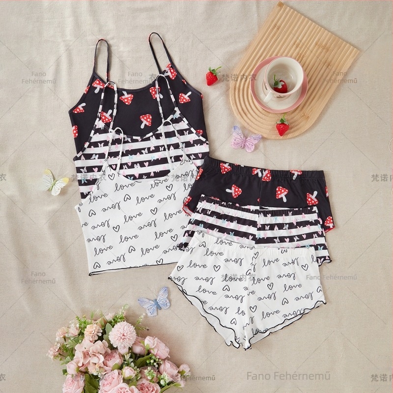 Női pántos pizsama készlet - 90-95% poliészter, lélegző, varrat nélküli, kényelmes, édes és aranyos stílus