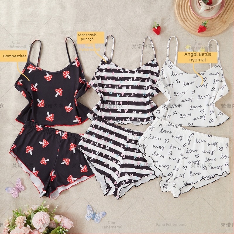 Női pántos pizsama készlet - 90-95% poliészter, lélegző, varrat nélküli, kényelmes, édes és aranyos stílus