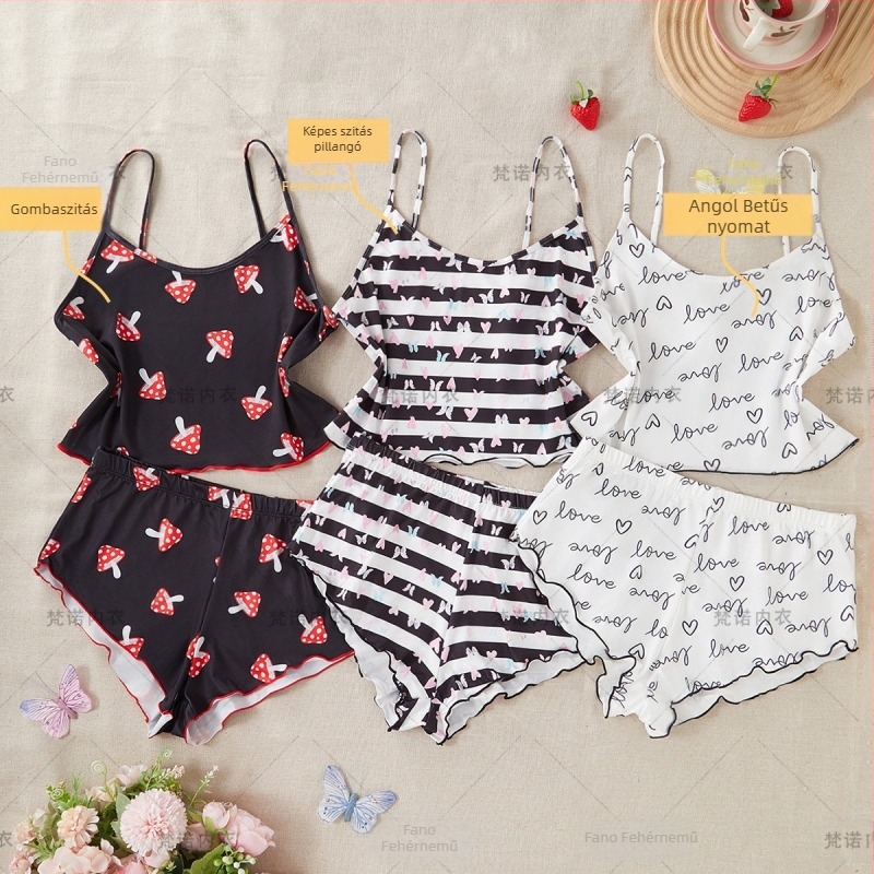 Női pántos pizsama készlet - 90-95% poliészter, lélegző, varrat nélküli, kényelmes, édes és aranyos stílus