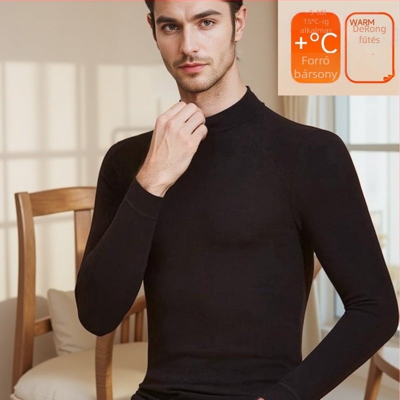 Férfi termikus alsó-felső készlet fleece belsővel és velúr béléssel, félmagas gallér, hosszú ujjú felső és nadrág, egyszínű, középszintű súly 181–200 g/m²