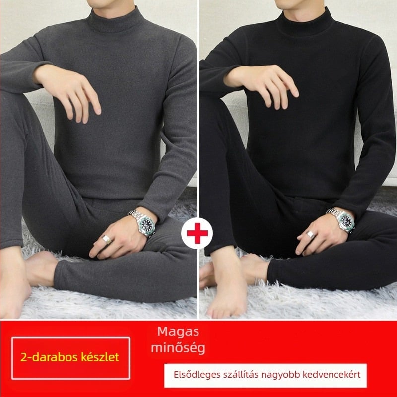 Férfi termikus alsó-felső készlet fleece belsővel és velúr béléssel, félmagas gallér, hosszú ujjú felső és nadrág, egyszínű, középszintű súly 181–200 g/m²