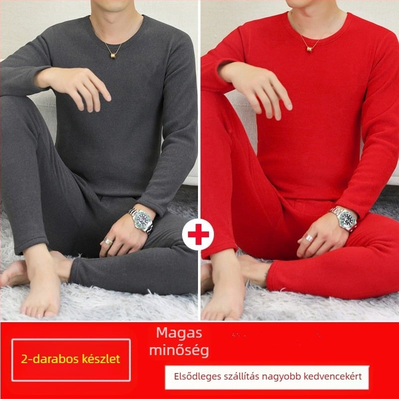 Férfi termikus alsó-felső készlet fleece belsővel és velúr béléssel, félmagas gallér, hosszú ujjú felső és nadrág, egyszínű, középszintű súly 181–200 g/m²