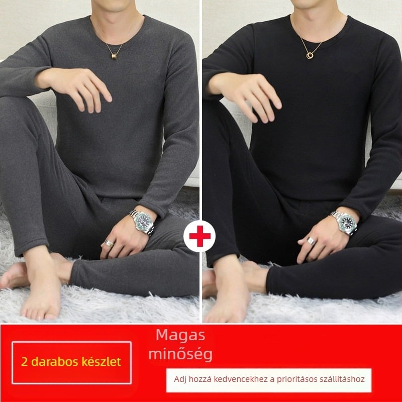 Férfi termikus alsó-felső készlet fleece belsővel és velúr béléssel, félmagas gallér, hosszú ujjú felső és nadrág, egyszínű, középszintű súly 181–200 g/m²