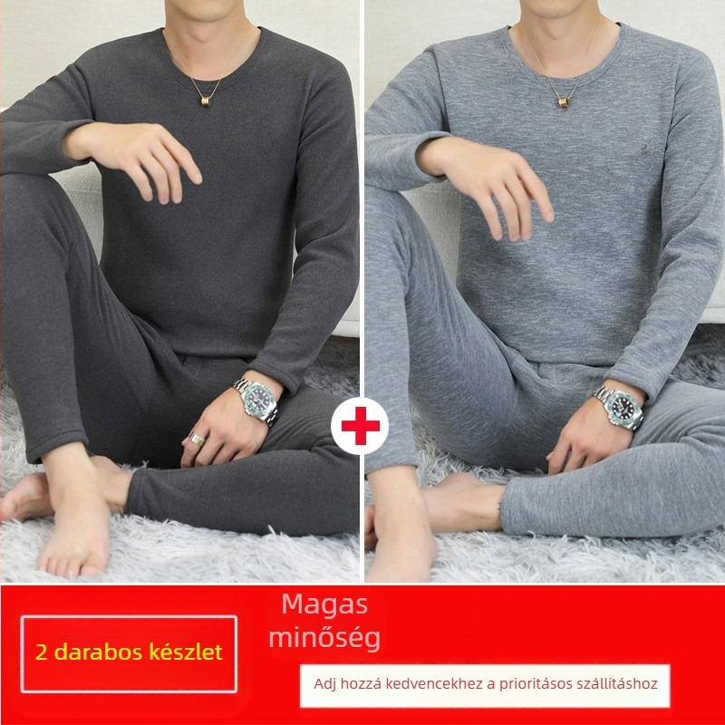 Férfi termikus alsó-felső készlet fleece belsővel és velúr béléssel, félmagas gallér, hosszú ujjú felső és nadrág, egyszínű, középszintű súly 181–200 g/m²