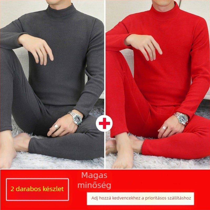 Férfi termikus alsó-felső készlet fleece belsővel és velúr béléssel, félmagas gallér, hosszú ujjú felső és nadrág, egyszínű, középszintű súly 181–200 g/m²