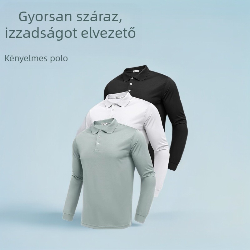 Férfi polo póló hosszú ujjú, karcsú szabás, poliészter, 95% anyagtartalom, blokk mintázat