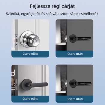 SS-DZL beltéri ajtó intelligens zár ujjlenyomat, jelszó és kulcs funkciókkal; 100 ujjlenyomat tárolás, >100000 nyitási ciklus, olvasási idő <0,5 s, DC tápegység, -10°C–60°C működési tartomány