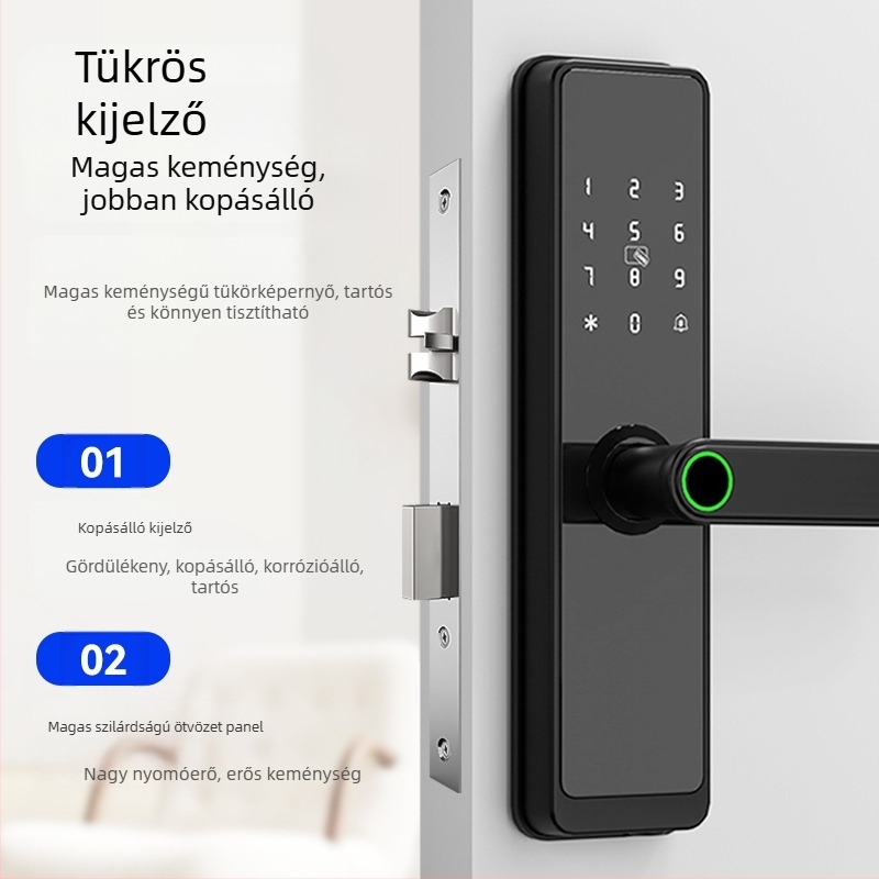 Beltéri fa ajtókhoz tervezett intelligens zár ujjlenyomattal, tenyérlenyomattal, jelszóval, arcfelismeréssel és távoli feloldással; panel alumíniumötvözet