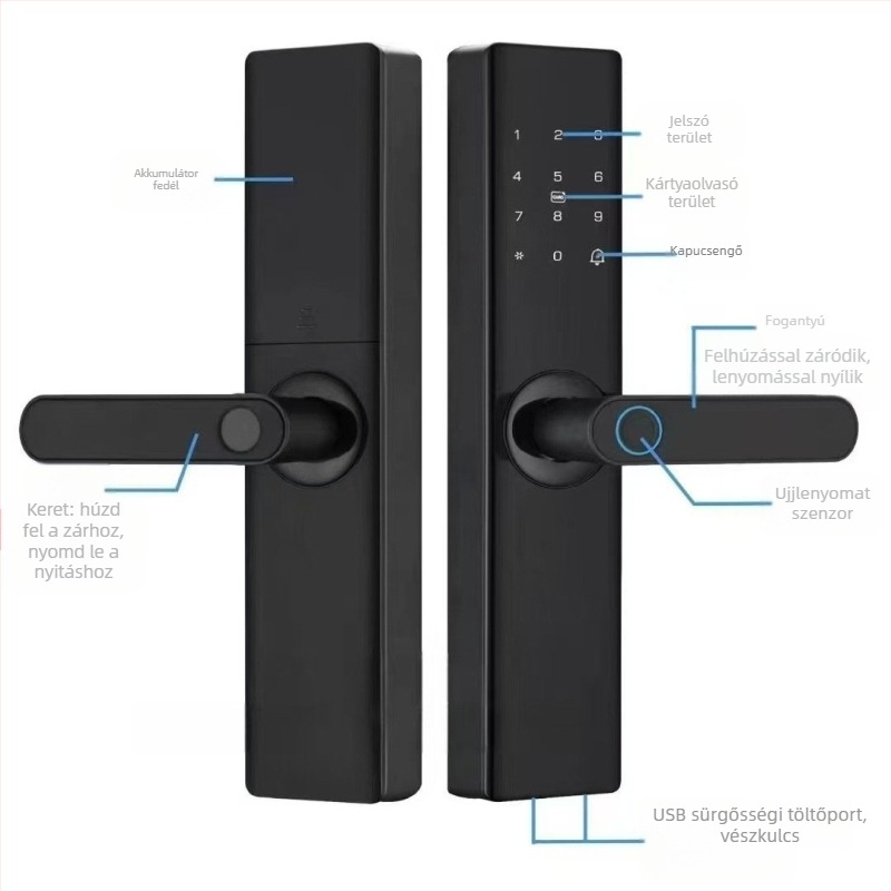 Beltéri fa ajtókhoz tervezett intelligens zár ujjlenyomattal, tenyérlenyomattal, jelszóval, arcfelismeréssel és távoli feloldással; panel alumíniumötvözet