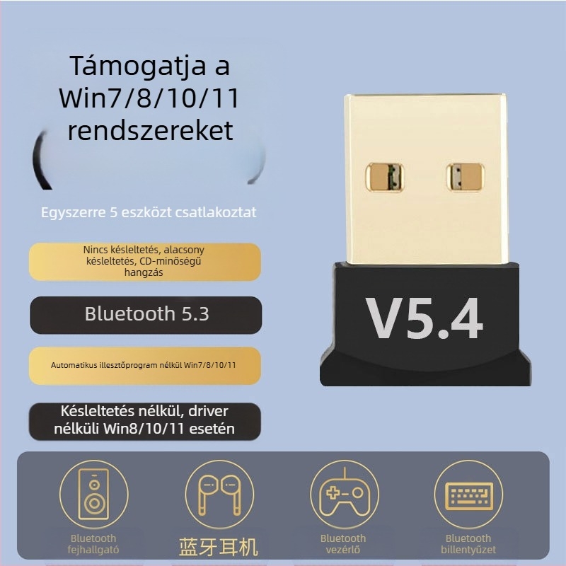 Bluetooth USB adapter fejhallgatóhoz, egérhez és hanghoz — drivertől mentes; Bluetooth 5.0/5.1/5.3; akár 20 m hatótáv; Huawei chip