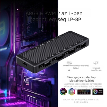 ARGB hub és PWM kétszeres ventilátor hub PC-hez, 8 ventillátort támogat, PWM sebességszabályzás, ARGB szinkronizáció, modell LP-8P-HUB