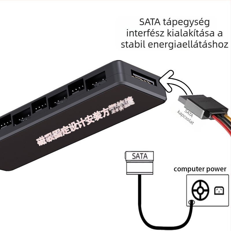 ARGB hub és PWM kétszeres ventilátor hub PC-hez, 8 ventillátort támogat, PWM sebességszabályzás, ARGB szinkronizáció, modell LP-8P-HUB
