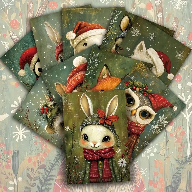 Karácsonyi állatos képeslapok, 20 darabos készlet, róka, nyúl és egér karácsonyi sapkában és sálban; vintage stílus