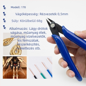Modellezéshez diagonális vágófogó PVC-markolattal, tömeg 58 g, teljes hossz 130 mm, állkapocs hossza 95 mm