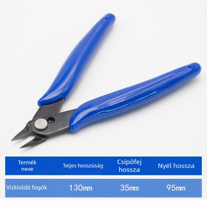 Modellezéshez diagonális vágófogó PVC-markolattal, tömeg 58 g, teljes hossz 130 mm, állkapocs hossza 95 mm