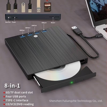 Külső 7 az 1-ben DVD‑író USB 3.0 és Type‑C‑vel, tálcás betöltés, 24x olvasás, 8x írás, DVD-RW támogatás