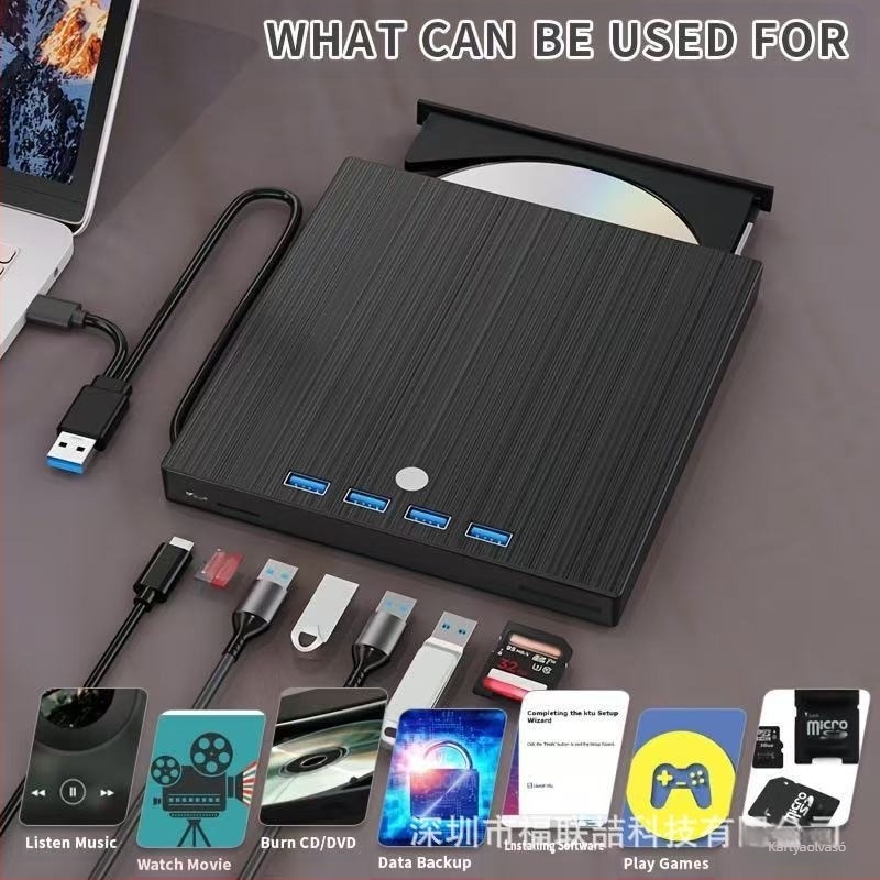 Külső 7 az 1-ben DVD‑író USB 3.0 és Type‑C‑vel, tálcás betöltés, 24x olvasás, 8x írás, DVD-RW támogatás