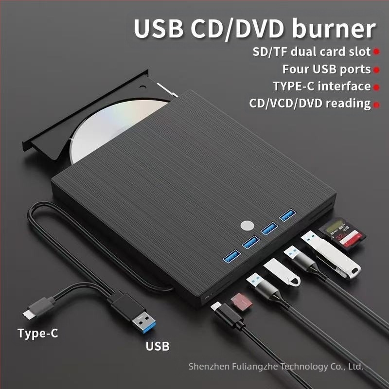 Külső 7 az 1-ben DVD‑író USB 3.0 és Type‑C‑vel, tálcás betöltés, 24x olvasás, 8x írás, DVD-RW támogatás