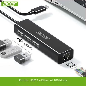 Acer Type-C Ethernet adapter USB hub HY41-T41, USB 2.0, 100 Mbps, 1–4 osztó
