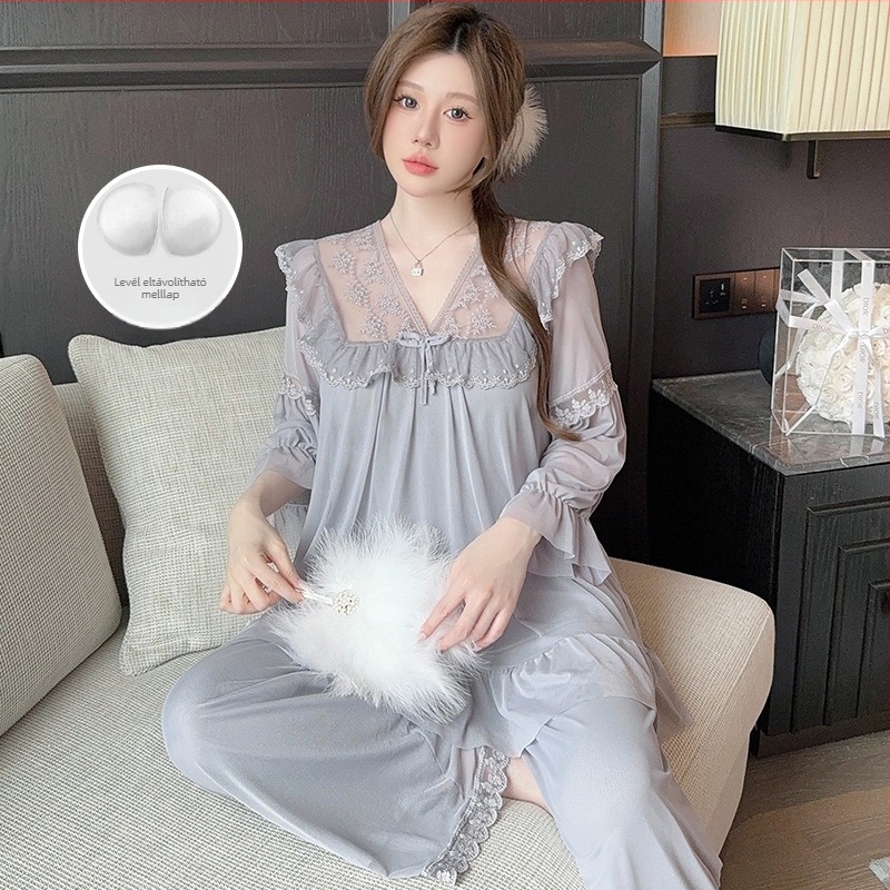 Pizsama szett hálószövetes csipkével, hercegnői laza fazon, V-nyak, 3/4-ujjú, poliészter 90-95%