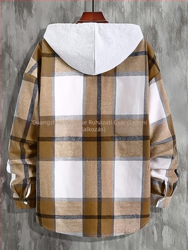Férfiaknak lazább casual kockás kapucnis ing, blokkok részletekkel, Harajuku-stílus, két részes hatás