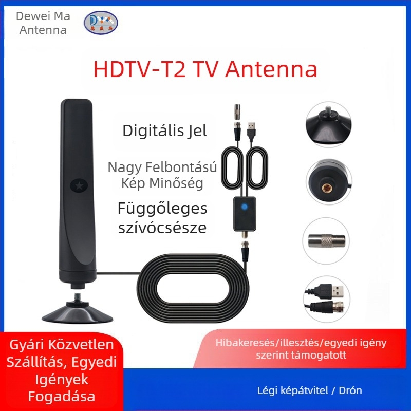 Deweima HDTV-T2 digitális TV antenna, szabályozható nyereség és 50 Ω impedancia