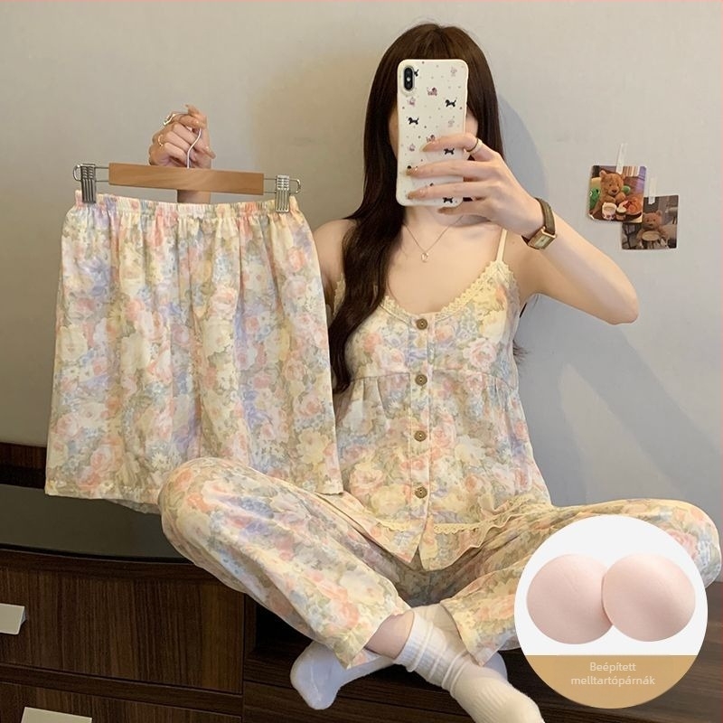 3 részes nyári pizsama szett Cloud Cotton anyaggal, mellkasos párnázott felső, pántos top, rövidnadrág és hosszú nadrág