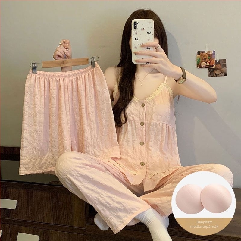 3 részes nyári pizsama szett Cloud Cotton anyaggal, mellkasos párnázott felső, pántos top, rövidnadrág és hosszú nadrág