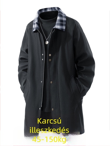 Férfi közép hosszú kabát kockás patchwork mintával, fordított gallér, cipzárral záródik, oldalsó zsebek