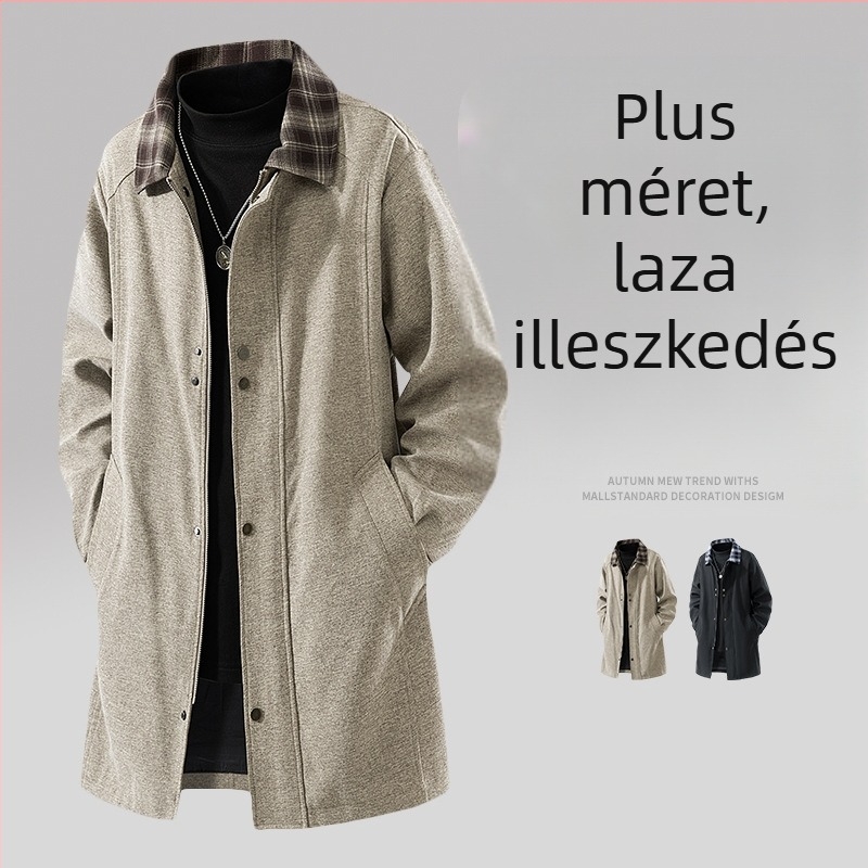 Férfi közép hosszú kabát kockás patchwork mintával, fordított gallér, cipzárral záródik, oldalsó zsebek
