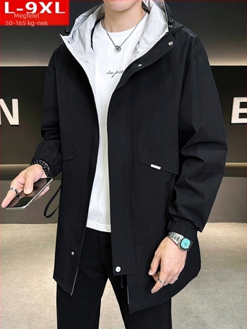 Férfi kapucnis szélvédő kabát, lazán szabott, középhosszú, cipzáras, 100% poliészter, tavasz–ősz