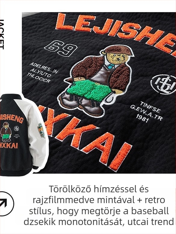 Férfi velúr plüss baseball kabát hímzett emblémákkal, 95% poliészter anyag, poliészter bélés, keverék kémiai szálak, karikatúra minta