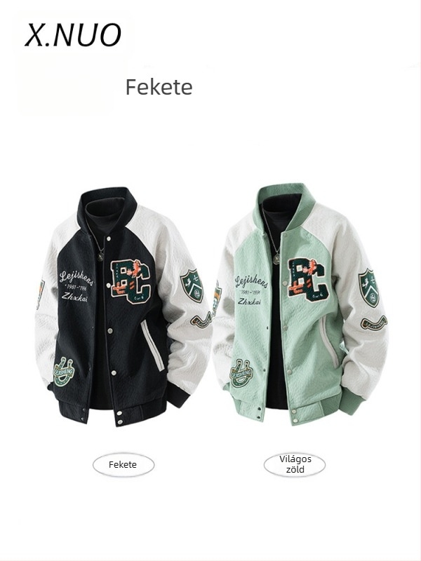 Férfi velúr plüss baseball kabát hímzett emblémákkal, 95% poliészter anyag, poliészter bélés, keverék kémiai szálak, karikatúra minta