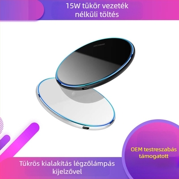 Tükörfelületű vezeték nélküli töltő, kör alakú, ultra vékony, 15W maximális teljesítmény, QC3.0 gyors töltés mobiltelefonokhoz