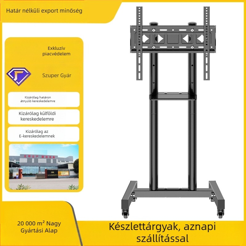 Mobil talajra szerelhető TV-tartó, hidegen hengerelt acélból, modell Y609S-2, tömeg 8,7 kg, tartalmaz szerelőkészletet, kompatibilis síkképernyős televízióval